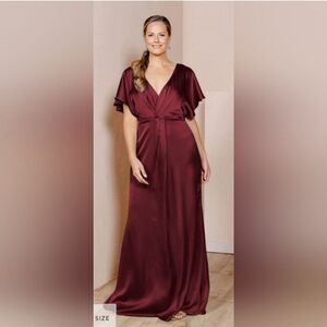 Revelry Gwen Cabernet red satin bridesmaid maxi gown short flutter sleeve v neck